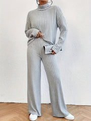 Solid Ribbed Two-piece Set, Casual Mock Neck T-shirt & Wide Leg Pants Outfits, Women's Clothing