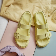 Meotina Shoes Women Buckle Genuine Leather Flat Sandals Round Toe Flat Platform Shoes Ladies Summer Causal Sandals White Size 9