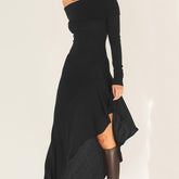 Off Shoulder Long Sleeve Dress, Elegant Backless Asymmetrical Ruffle Hem Slim Dress, Women's Clothing