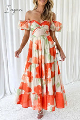 Ingvn - Sweet Elegant Floral Hollowed Out Off the Shoulder Printed Dress Dresses