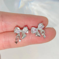 INGVN Y2K Bowknot Zircon Stud Earrings for Women Fashion Korean Silver Color Pink Crystal Personality Earring Girl Party Jewelry Gifts