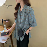 Ingvn - Chiffon Shirts Women Vintage Turn Down Collar Print Short Sleeve Blouse Summer Korean Streetwear Casual Loose Floral Top