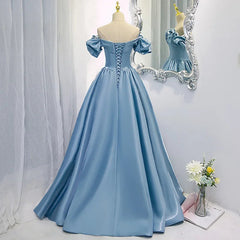 New High-End Feel Off-Shoulder Blue Satin French Style Evening Dress For Women's Formal Performance Costume