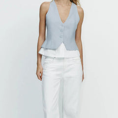 Women Patchwork Striped Temperament Vest Front Button V Neck Sleeveless Waistcoat Spring Summer Chic Tops