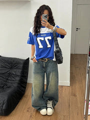 Women's&Men's Summer Streetwear Digital Print T-shirt Blue Football Jersey Tees O-Neck Loose Breathable Short Sleeve Casual Top