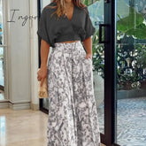 Ingvn - 2023 Fashion Summer Autumn Two Piece Sets Womens Fashion Sexy Mid Sleeve Shirt Elgant Floral Print Wide Leg Pant Suit Casual 2pcs Set Women