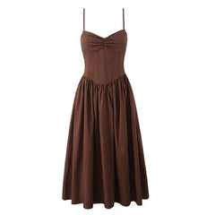 New Women Sexy Elegant Coffee White Sling Long Dress Low Waist Fit And Flare Summer Party Maxi Dresses Cotton Robe