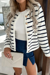 Ingvn - Elegant College Striped Buttons Contrast O Neck Outerwear
