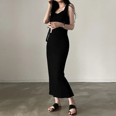 Basic Knit Long Dress Korean Fashion Square Collar Sleeveless Women's Dresses Summer Casual Y2k Vintage All-match Outftis