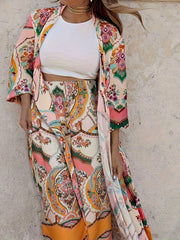 Ethnically Chic Floral Two-Piece Outfit Set - Flowy Open Front Cardigan & Wide Leg Pants - Maxi-Length Womens Fashion