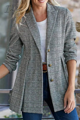 Ingvn - Fashion Street Plaid Patchwork Buckle Turn-back Collar Outerwear(3 Colors)