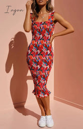 Ingvn- Sexy Vintage Floral Flounce Square Collar Wrapped Skirt Dresses