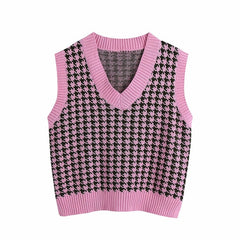 Women Fashion Oversized Houndstooth Knitted Vest Sweater Vintage Sleeveless Side Vents Female Waistcoat Chic Tops