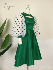 Ingvn - Women Long Sleeve Skater Dress See Through Tulle Dots Contrast Flared Swing Shimmer Dress Elegant Spring Summer Big Size Outfit