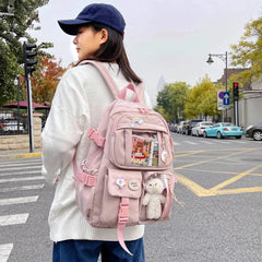 INGVN Kawaii Aesthetic Women Backpack School Bag for Teen Girls Japanese Korean Rucksack Student Bookbags with Cute Accessor Mochila