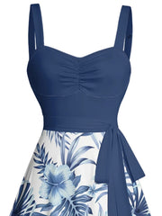 Women's Summer Dresses 2025 Vacation Tropical Flower Leaf Print Belted Mini Dress Sleeveless Beach Dress