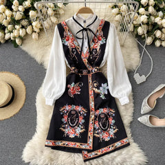 Ingvn - Spring Autumn Elegant 2 Piece Set Overalls Dress Women Bow Collar White Shirt Top+ Irregular Flower Print V-Neck Vest Dress