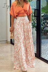 Ingvn - Fashion Print Split Joint V Neck Short Sleeve Two Pieces(4 colors)