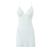 Sexy Women Flocking Polka Dot Mesh Dress Summer Lady Thin Straps V Neck A-line Sling Mini Dress White Robe