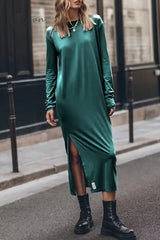 Ingvn - Casual Solid Slit O Neck Long Sleeve Dresses