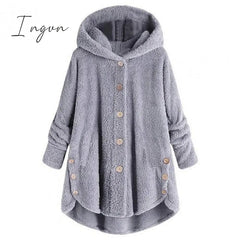Ingvn - Women's Fleece Jacket Pullover Sherpa Fleece Teddy Button Front Pocket claret turmeric Black Solid Color Street Hoodie Plus Size Long Sleeve Fleece