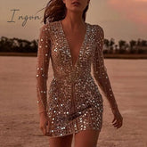 Ingvn - Party Dresses For Women 2023 Bodycon Lady Deep-V Slim Elegant Long-Sleeved Sequin Dress Women's Club Rave Gold Night