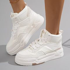 Trendy Women's High-Top Sneakers - Versatile White, Lace-Up Casual Shoes with Thick Sole, Breathable PU Cover & Comfort Fabric
