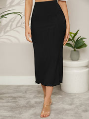 Women's Elegant Midi Skirt - Rib Knit, Chic Lettuce Hem, Non-Sheer - Versatile for Spring/Summer/Fall