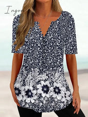 Ingvn - Women's T shirt Tee Black White Navy Blue Floral Button Print Short Sleeve Holiday Weekend Tunic Basic Round Neck Regular Floral Painting S