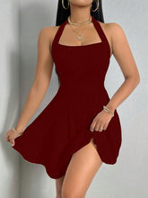 Solid Color Halter Neck Flare Dress - Backless Y2K Inspired Party Dress for Women with Straight Neckline and Flowy Silhouette - Perfect for Night Out, Clubbing, or Special Occasions