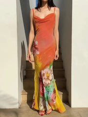 Ingvn Summer Sexy Backless Flower Printed Long Slip Dress Streetwear Women's Sleeveless High Waist Bodycon Holiday Party Dresses