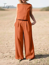 Ingvn - Summer Outfits Casual Summer Women Set Vintage Sleeveless Blouse O-Neck Top + Straight Wide Leg Pants Suit Two Piece Solid Color Sets