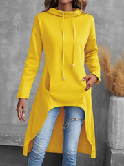 Solid Color Hig-low Hoodie, Casual Long Sleeve Drawstring Hoodie Sweatshirt, Women's Clothing