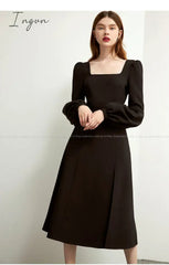 Ingvn - Black Retro Split Dress Women Elegant Midi Designer Dress Female Long Sleeve Hepburn Style Chiffon Vintage Dress Fall Women