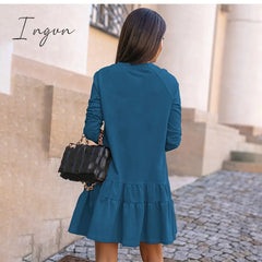 Ingvn - New Spring Autumn Dress Women Elegant O-Neck Long Sleeves Multi-layer Ruffles Hem Solid Party Dresses Casual Slim Vestidos