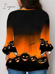 Ingvn - Women's Shirt Blouse Halloween Shirt Yellow Blue Purple Pumpkin Print 3/4 Length Sleeve Halloween Daily Streetwear Crew Neck Regular Fit Fall Winter