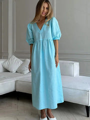 Ingvn Casual Loose Women V-neck Short Sleeve High Waist Blue Long Dresses Female Elegant Solid Holiday Party Dress Streetwear