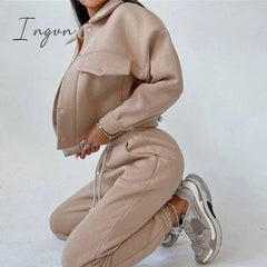 Ingvn - Women Casual Two Piece Sets Autumn Winter Fashion Female Warm Suits Turn-Down Collar Jacket And Drawstring Trouser Tracksuits
