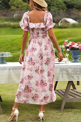 Ingvn - Floral Square Neck Flounce Sleeve Midi Dress