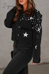 Ingvn - Casual Solid Beading Turndown Collar Long Sleeve Denim Jacket