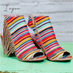 Ingvn - Peep Toe Chunky Heel Zipper Stripe Sandals