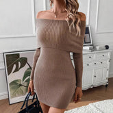 Women's New Spliced Fashionable Solid Color Slim Fit Casual Long Sleeved Knitted One-piece Collar Dress