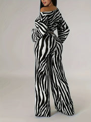 Long Sleeve Cut Out Crop Top & Wide Leg High Waist Pants Set, Zebra Pattern Elegant Outfits, Women's Clothing