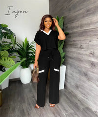 Ingvn - Summer Fashion Casual Two Piece Set Women V Neck Short-sleeved T-shirt Elastic Straight Pants Two Piece Suit Women