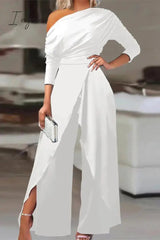 Ingvn - British Style Solid Backless Asymmetrical Oblique Collar Regular Jumpsuits(3 Colors)