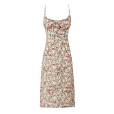 Sexy Elegant Women O Neck Thin Straps Floral Print Dress Vintage High Waist A-line Midi Holiday Summer Dresses Party Robe