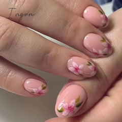 24pcs Short Almond False Nails Flower Pattern Oval Fake Nails Press on Nails Full Cover Wearable Manicure Acrylic Nail Tips