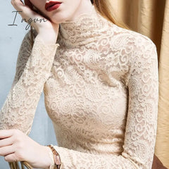 Ingvn - gifts for women Plus Size Women Lace Blouses Shirts Sexy Hollow Out Long Sleeve Solid Blouse Lady Elegant Floral Embroidery Elastic Shirt Tops