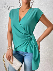 Ingvn - Tied Surplice Neck Short Sleeve Blouse