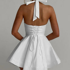 Sexy Deep V Halter White Mini Dress Women Fashion Backless A-line Elegant Party Dresses Summer Robe Lace Up Vestidos